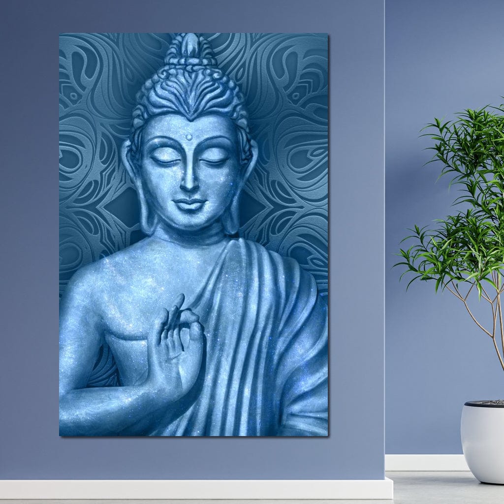 Tablou Canvas Premium LuxCanva® I112, Buddha de Safir, Meditatie, Iluminare, Zen, Pace Interioara, Spiritualitate, Armonie, Relaxare, Albastru, Urna