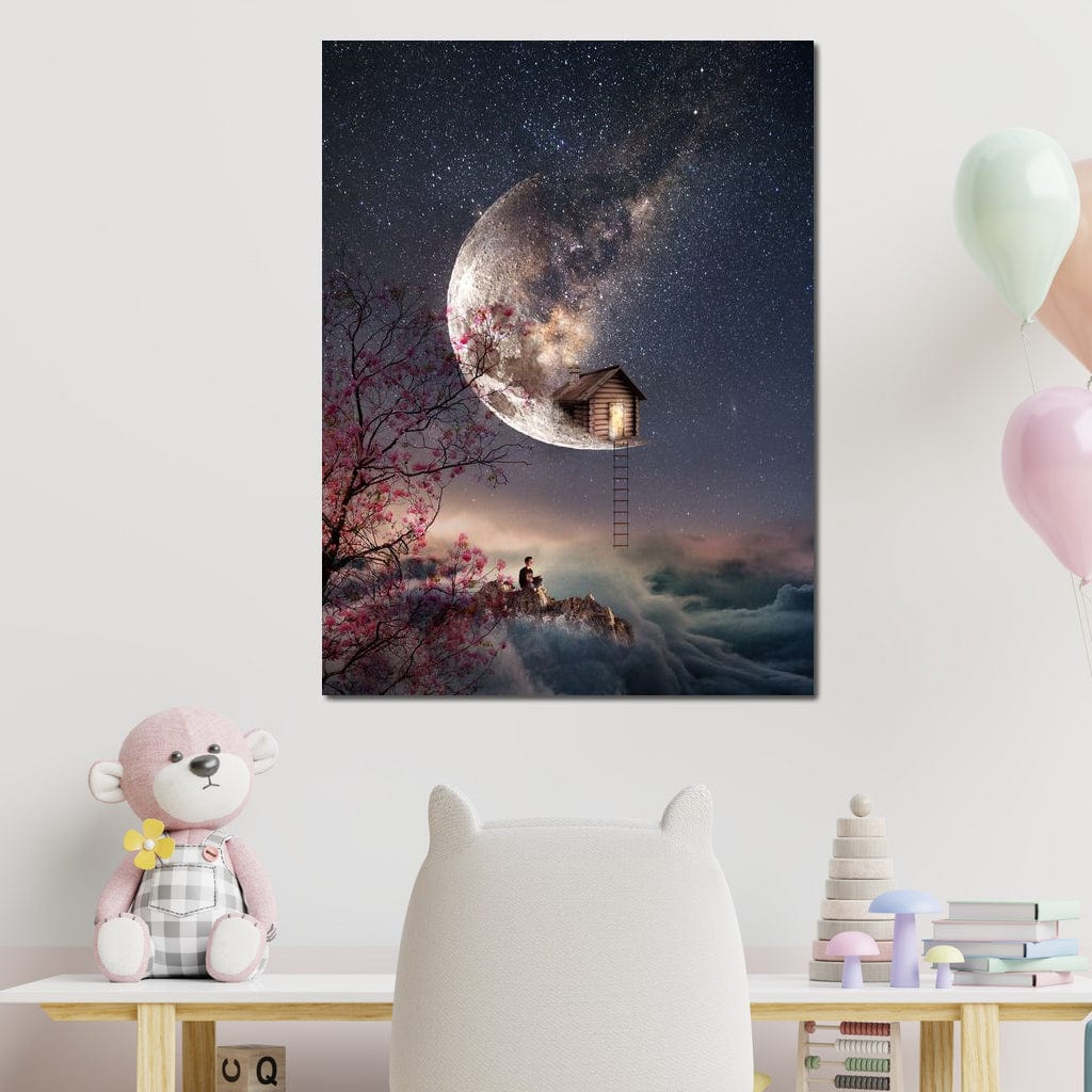 Tablou Canvas Premium, LuxCanva® K1016, Casa de pe Luna, Astru, Noapte, Instelata, Scari, Cer, Stele, Vise, Nocturn, Peisaj, Poveste, Cosmos, Magie, Taram, Senin, Camera Copii