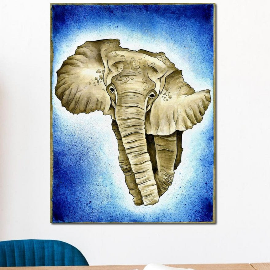 tablou canvas cu un elefant african pe fundal albastru