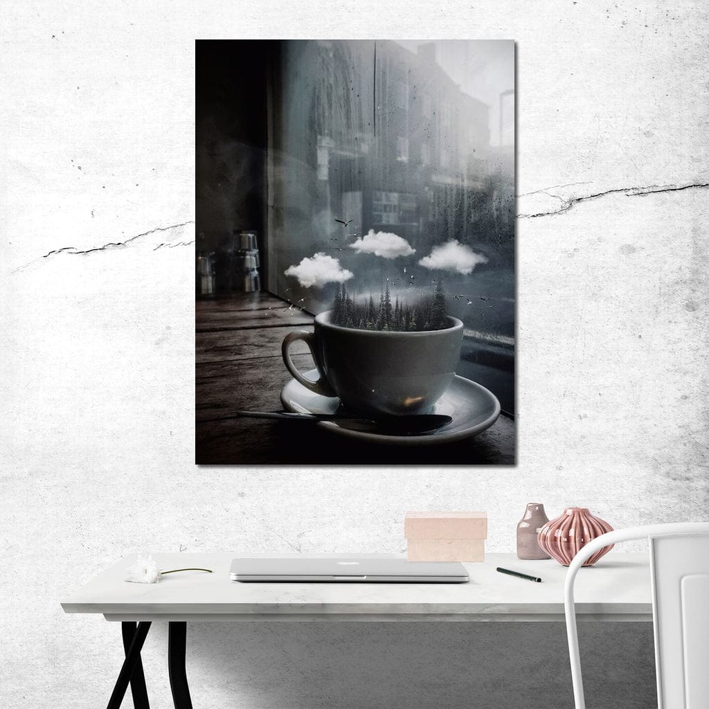 tablou canvas cu o ceasca cu copaci inalti, nori albi si pasari in zbor, la fereastra unei taverne 