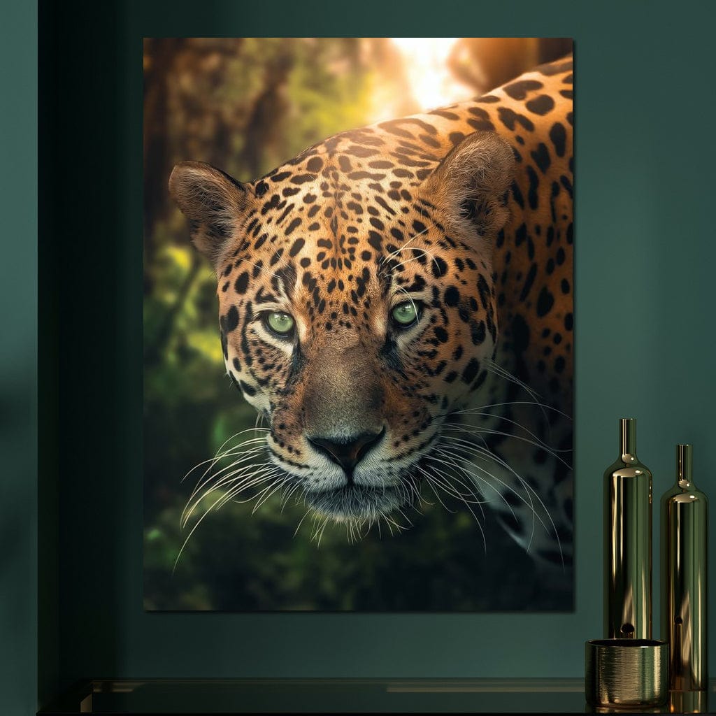 tablou canvas cu un portret realist de leopard in umbra, pe fundal luminos cu vegetatie de jungla