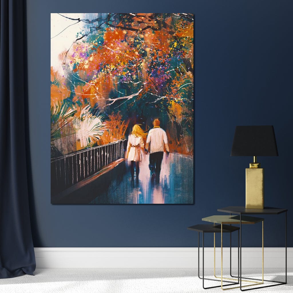 Tablou Canvas Premium LuxCanva® E1034, Tindandu-se de Mana in Parc, Toamna, Ruginiu, Natura, Parc, Cuplu, Living Room, Culori vibrante