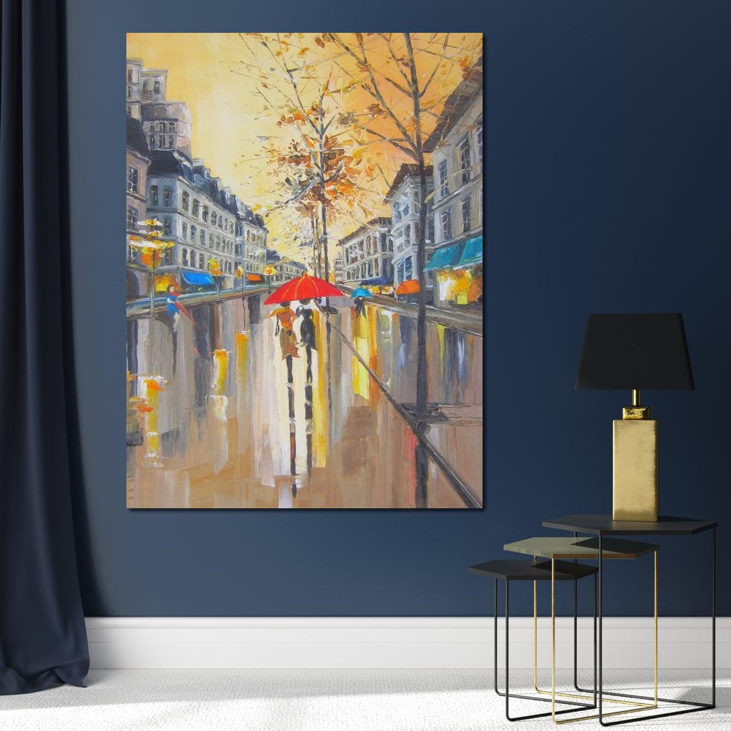 Tablou Canvas Premium LuxCanva® E1029, Toamna Pariziana, Ploaie, Oras, Toamna, Umbrela, Serenitate, Living Room, Culori vibrante