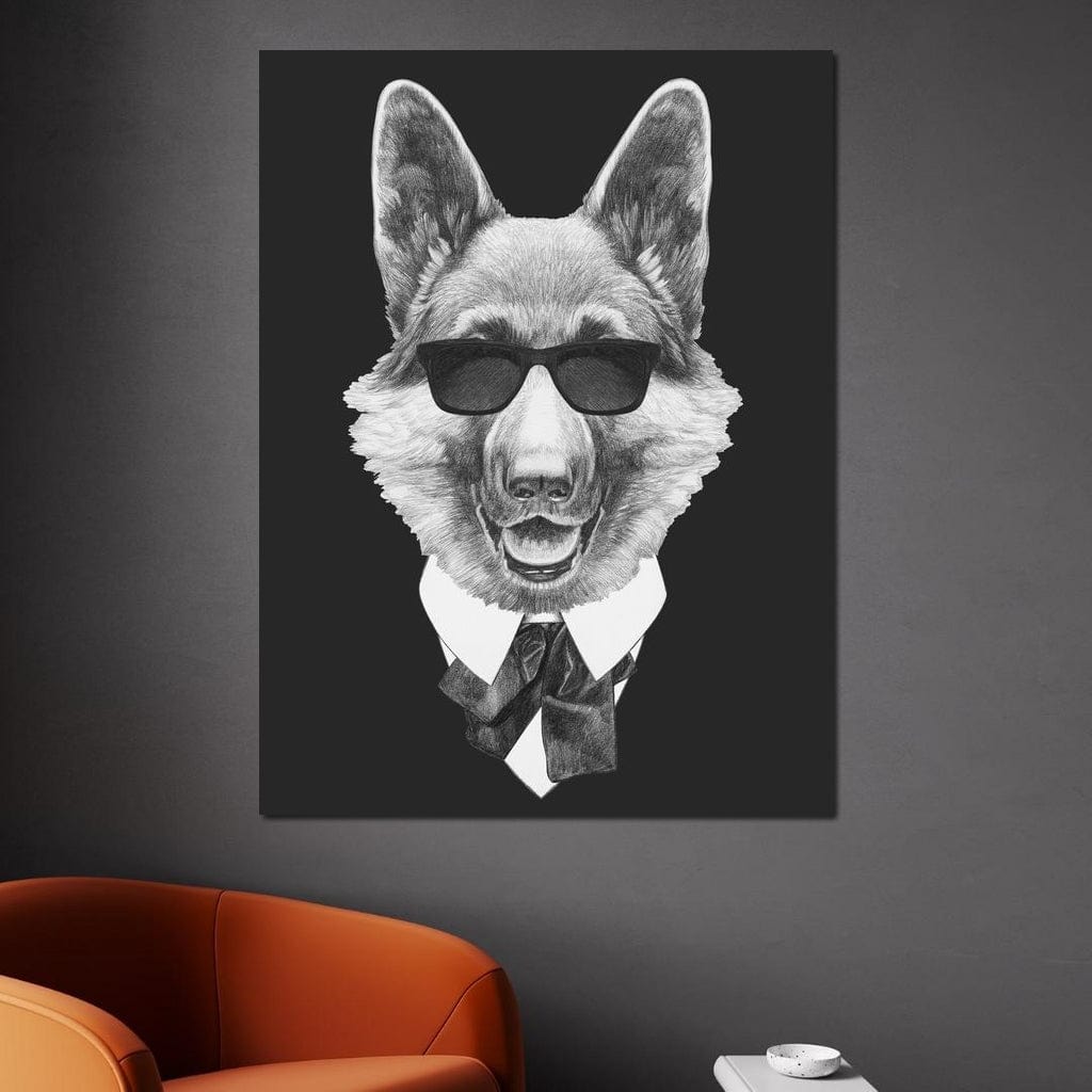 tablou canvas cu un caine, purtand ochelari de soare si costum cu papion, redat in alb si negru, pe fundal inchis