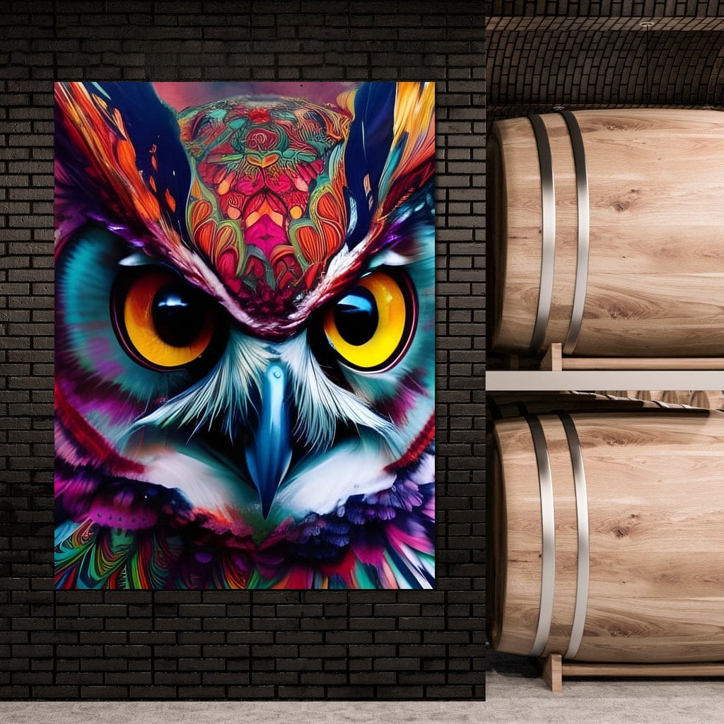 tablou canvas cu o bufnita tribala in culori vibrante redate in stil abstract