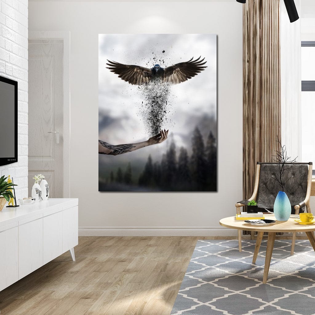 tablou canvas cu o pasare care renaste din cenusa in palma unei maini tatuate, pe fundal cu ceata si copaci