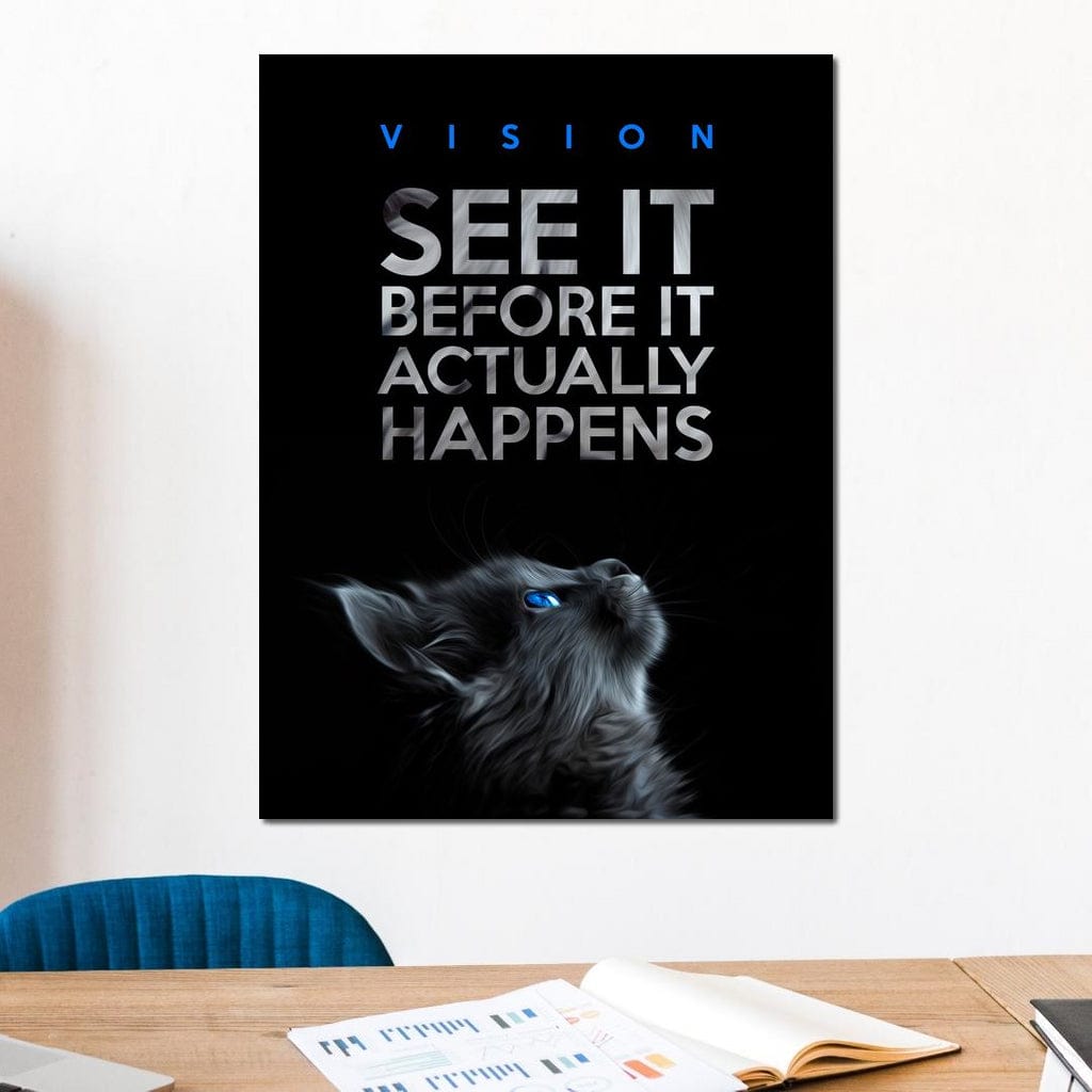 tablou canvas cu o pisica cu ochi albastri privind un mesaj motivational, pe fundal negru