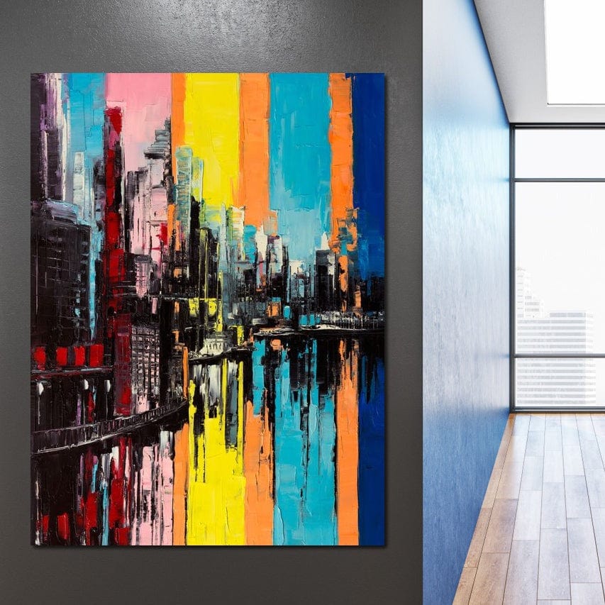 Tablou Canvas Premium, LuxCanva® O1028, Orasul Curcubeu,  Culoare, Reflexie, Urban, Noapte, Cladiri, Metropola, Abstract, Modernitate, Intensitate, Puls, Dinamism, Stralucire, Birou, Living, Dormitor