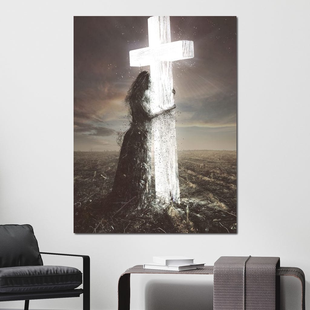 Tablou Canvas Premium LuxCanva® H1013, Imbratisarea Divinitatii , Cruce, Lumina, Mangaiere, Imbratisare, Salvare, Iubire, Putere, Living, Dormitor