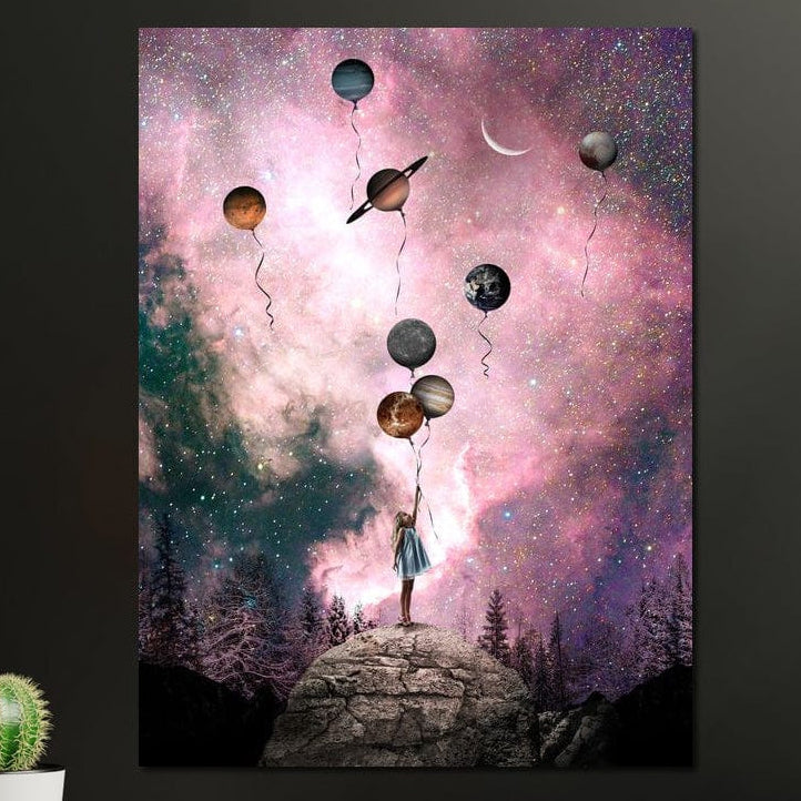 Tablou Canvas Premium, LuxCanva® K1017, Fetita si Planetele,  Univers, Maini, Intinse, Planete, Cosmic, Stele, Ganduri, Dorinte, Emotie, Curaj, Sistem, Solar, Galaxii, Pastel, Camera Copii