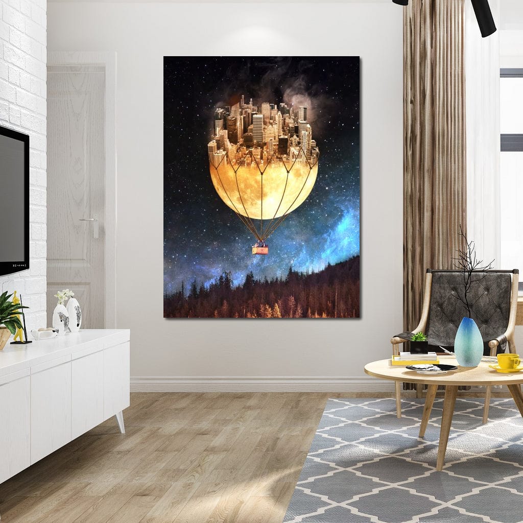 Tablou Canvas Premium, LuxCanva® O1016, Orasul care Zboara, Luna, Balon, Cosmic, Visare, Fantastic, Stele, Cer, Plutire, Suspendat, Univers, Oniric, Imaginar, Calatorie, Case, Birou, Living, Dormitor