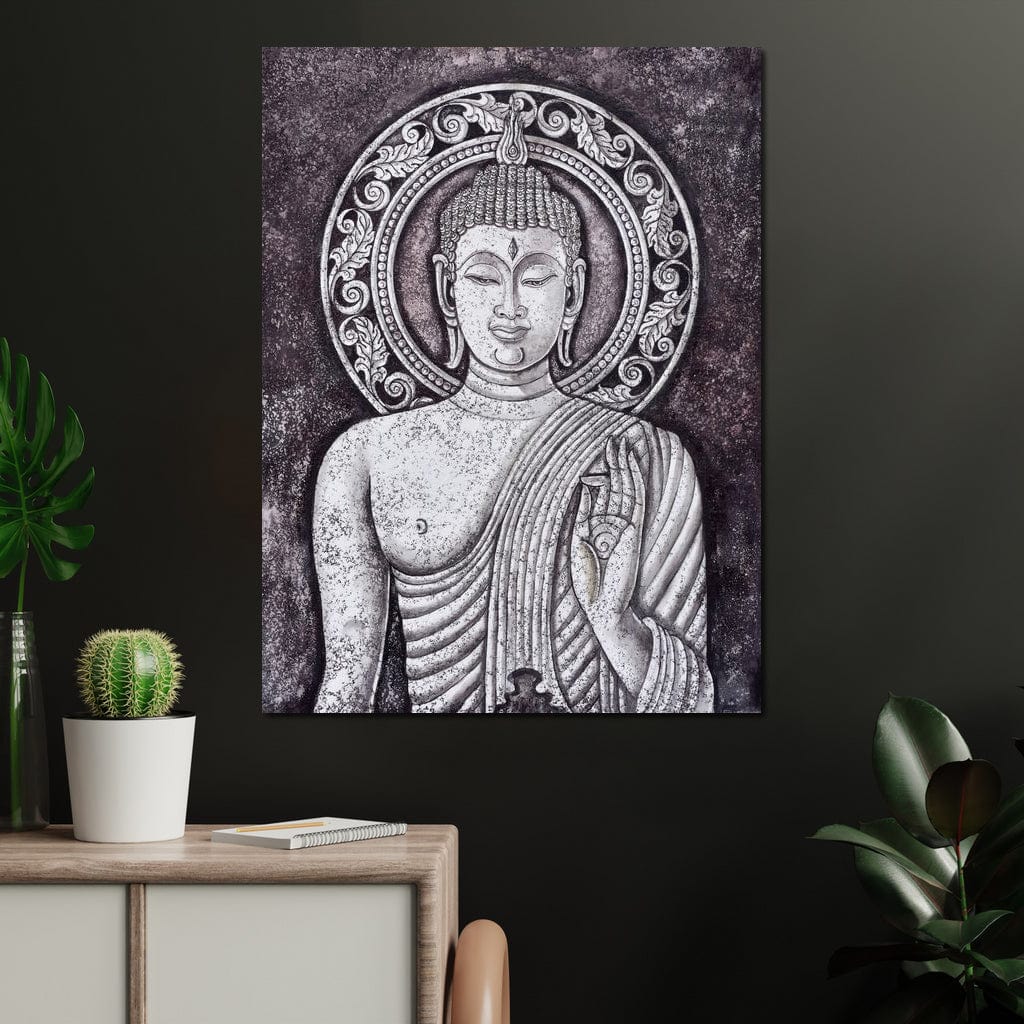 Tablou Canvas Premium LuxCanva® I103, Serenitate in Alb si Negru, Buddha, Zen, Meditatie, Spiritualitate, Liniste, Armonie, Echilibru, Iluminare, Living, Dormitor