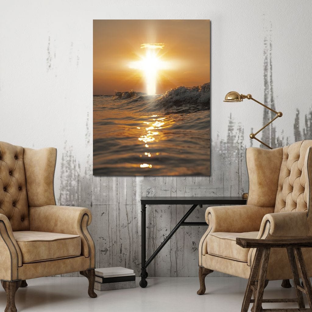 Tablou Canvas Premium LuxCanva® H1019 Lumina Sfanta pe Ape , Apus, Cruce, Spritual, Valuri, Pace, Suflet, Ocean, Credinta, Speranta, Living, Dormitor