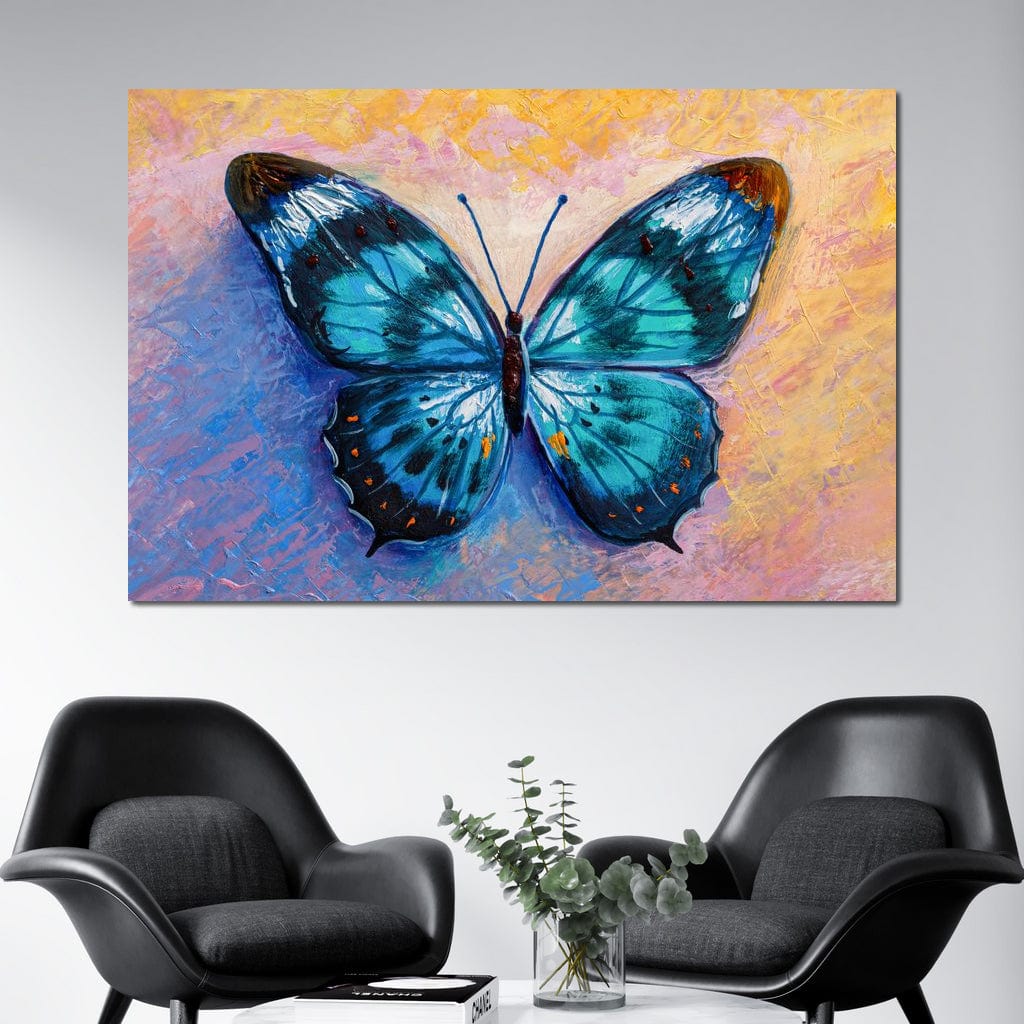 tablou canvas cu un fluture albastru pe fundal abstract pastelat stil pictura