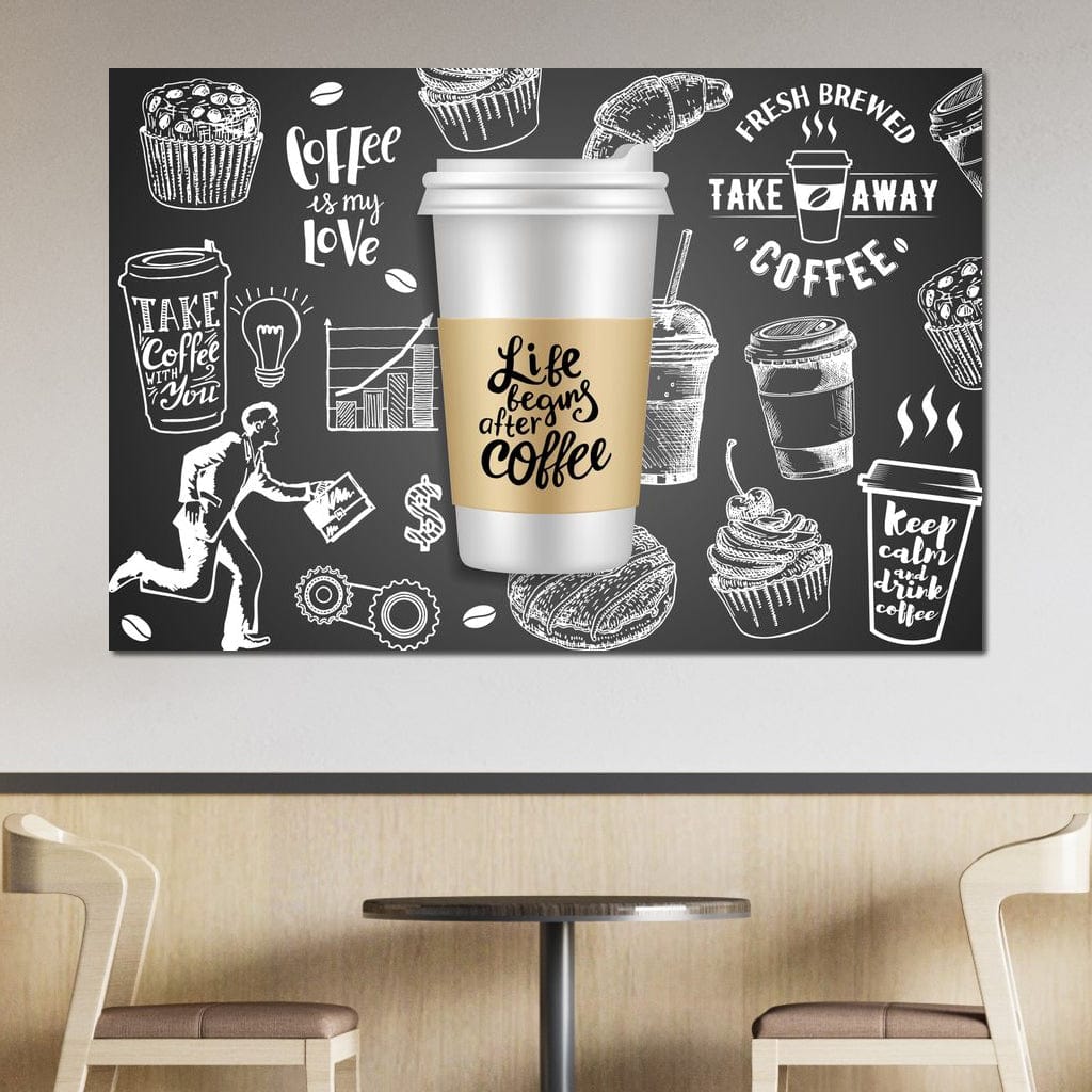 tablou canvas cu o cafea intr-un ambalaj "to-go" pe fundal negru cu diverse desene marcate cu alb