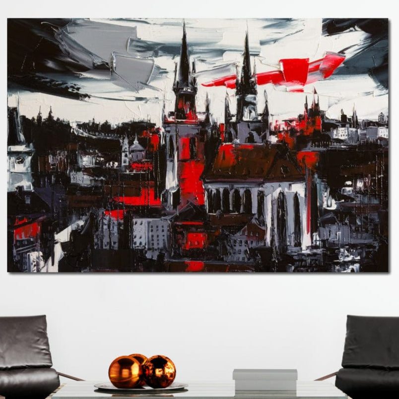 Tablou Canvas Premium, LuxCanva® O1013, Orasul Gotic, Medieval, Flacari, Negru, Rosu, Gri, Turle, Urban, Ziduri, Vechi, Umbre, Catedrala, Piatra, Contrast, Dramatic, Atmosfera, Birou, Living, Dormitor