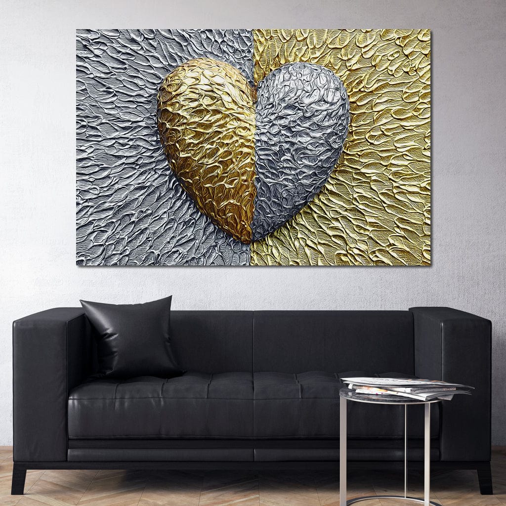 Tablou Canvas Premium LuxCanva® E1053, Inima Dualitatii, Aur, Argint, Stralucire, Textura, Simbolism, Living Room, Culori vibrante