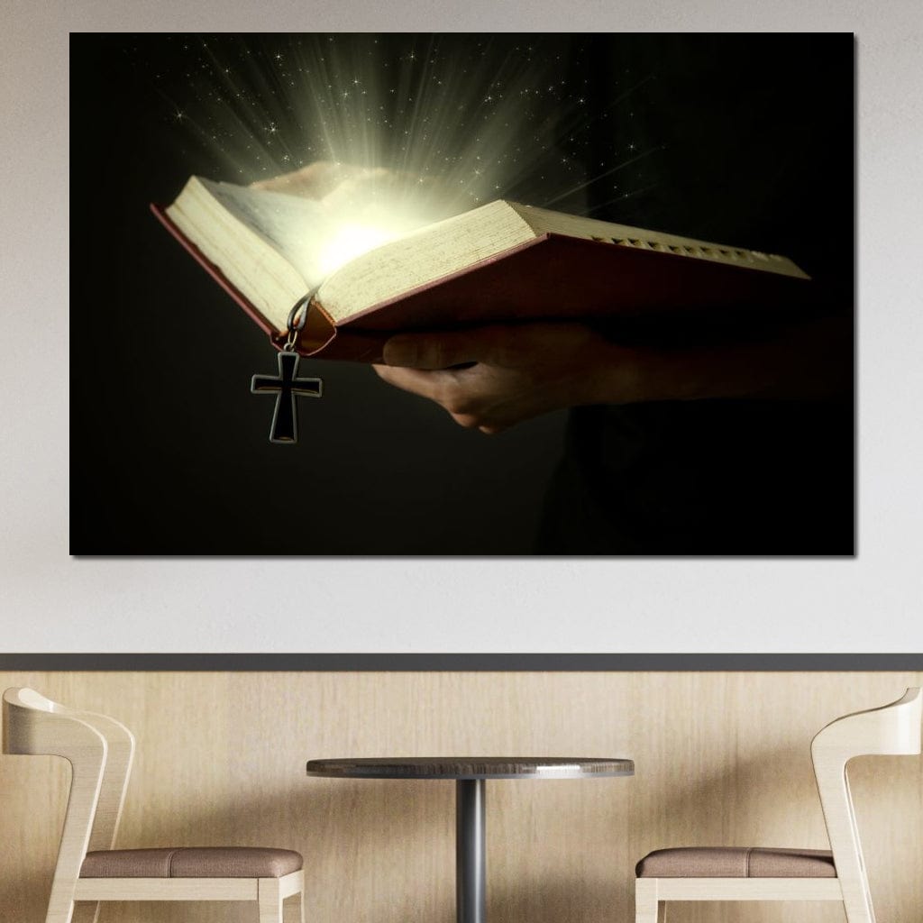 Tablou Canvas Premium LuxCanva® H1009, Biblia si Lumina Sfanta , Biblie, Lumina, Cruce, Adevar, Sacru, Salvare, Suflet, Divin, Living, Dormitor