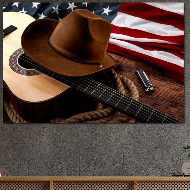 tablou canvas cu o palarie de cowboy, o chitara, o muzicuta si steagul Americii