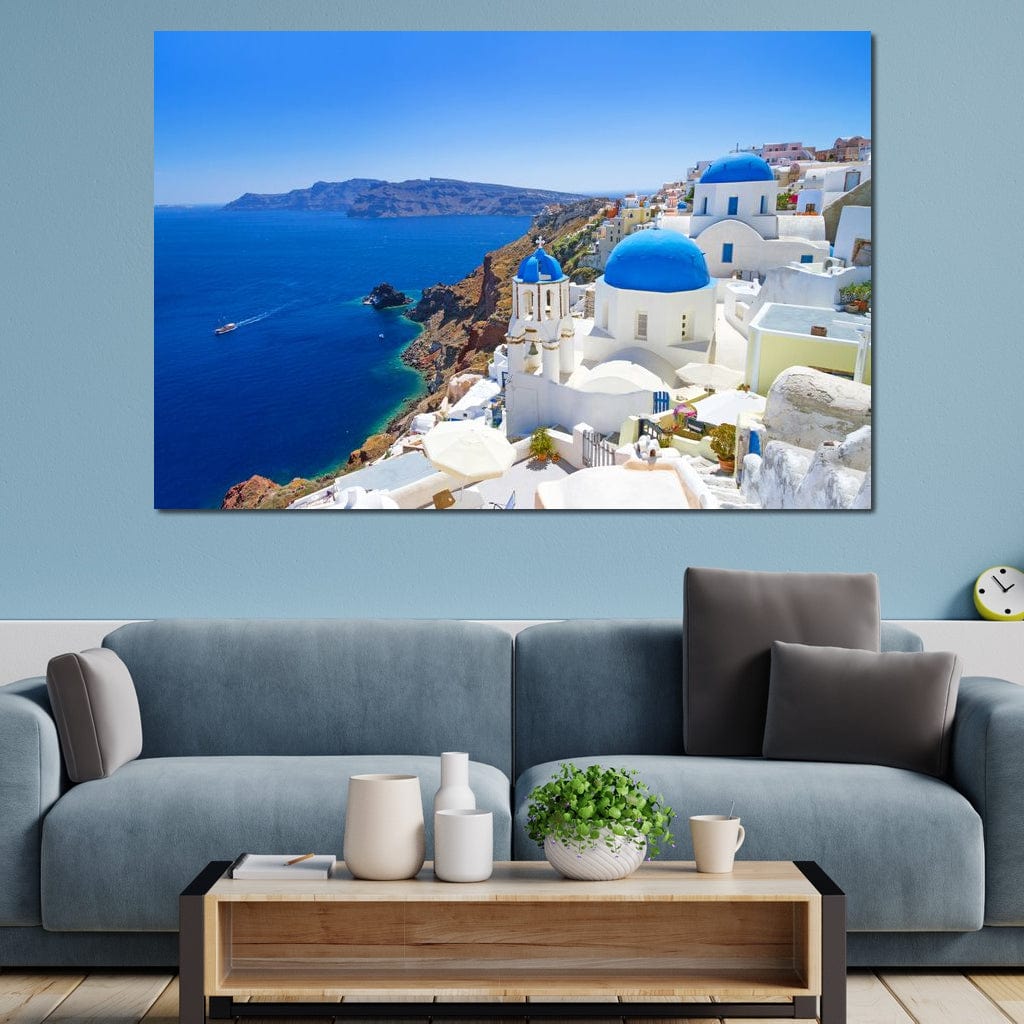 Tablou Canvas Premium, LuxCanva® O1033, Eternul Santorini, Egee, Nesfarsit, Albastru, Insula, Mare, Cer, Valuri, Vacanta, Turist, Relaxare, Dorinta, Familie, Libertate, Serenitate, Birou, Living, Dormitor