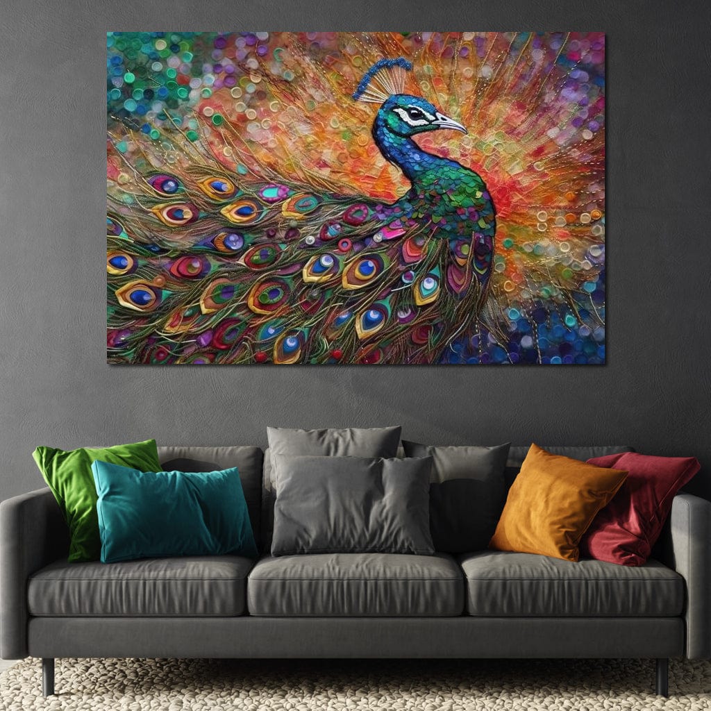 tablou canvas cu un paun cu penaj multicolor, pe fundal abstract texturat