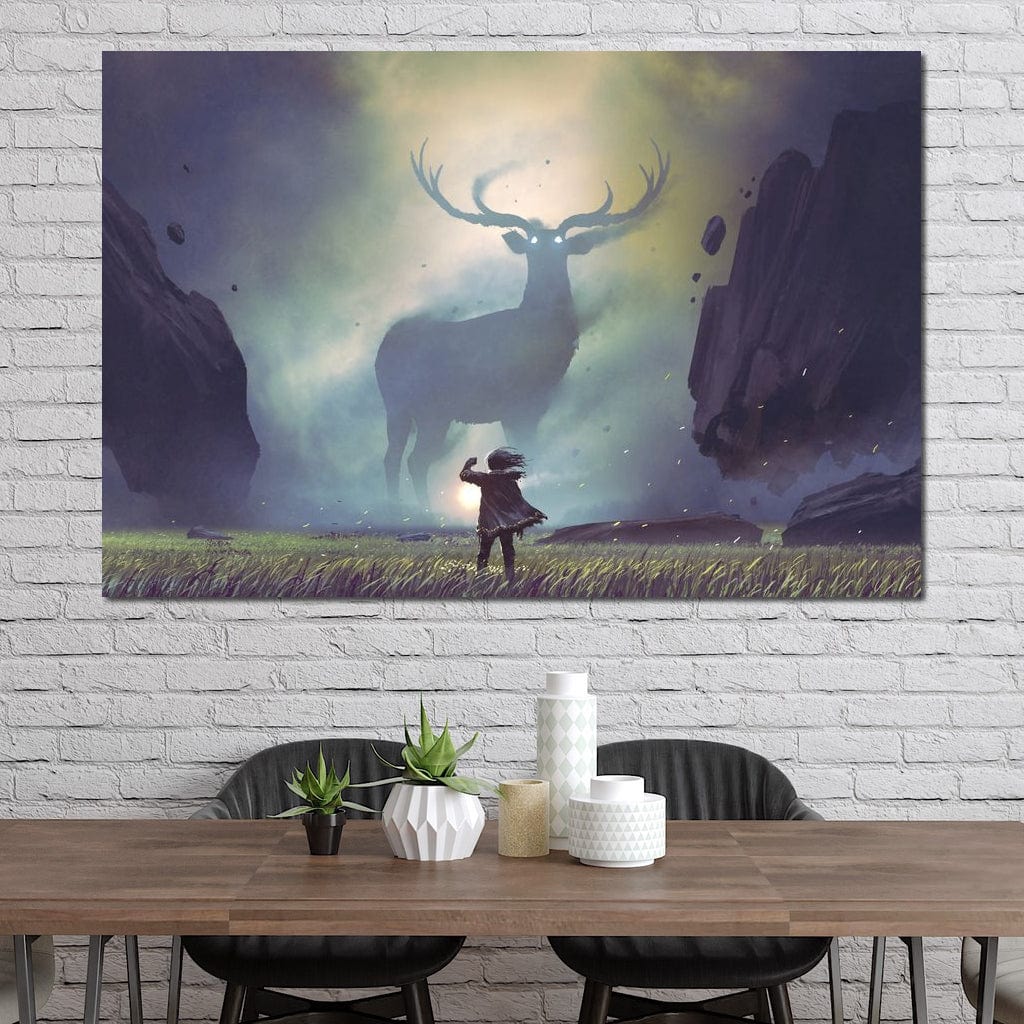 tablou canvas cu o silueta de copil in fata unui cerb urias, intr-un peisaj mistic cu stanci plutitoare