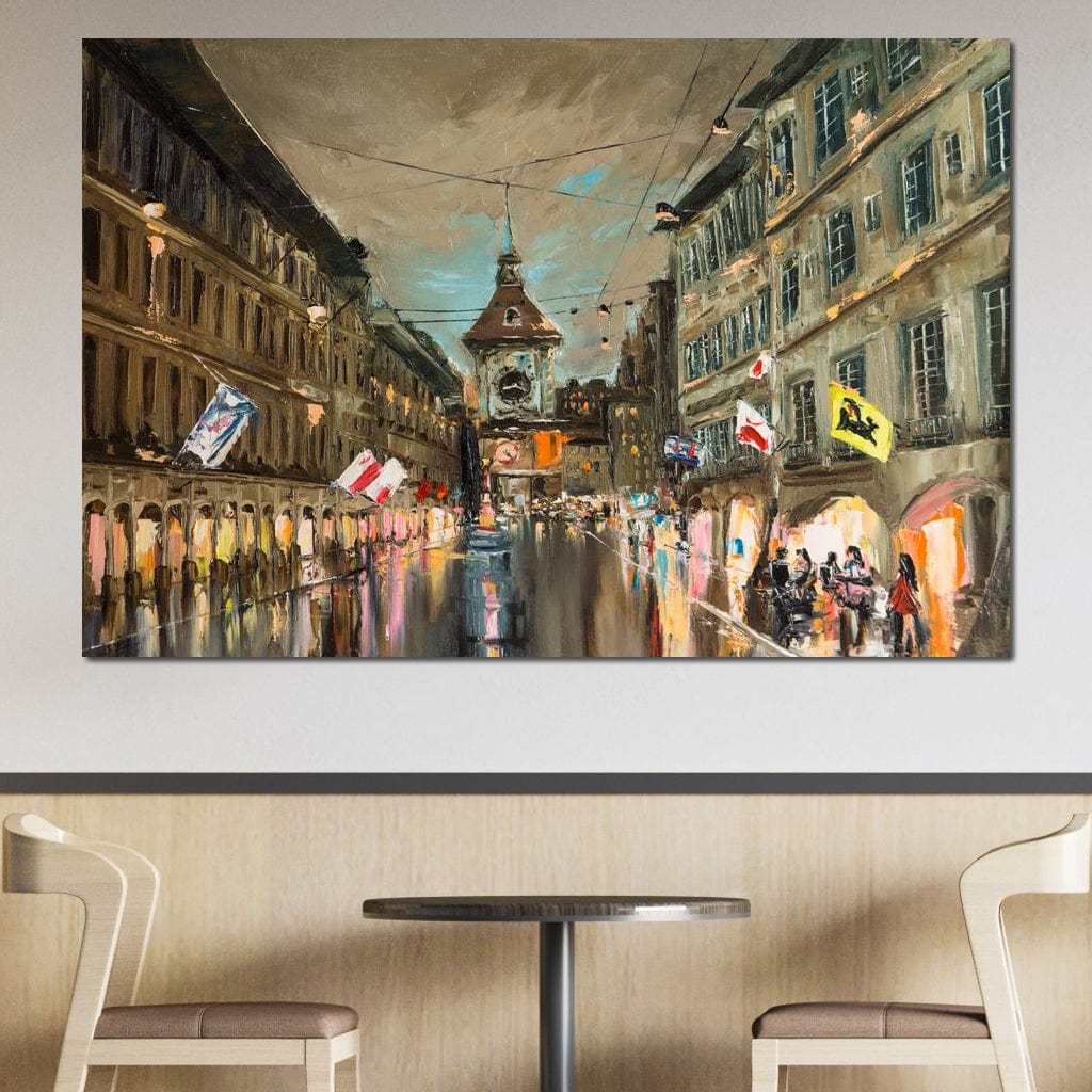 Tablou Canvas Premium, LuxCanva® O1022, Un Ceas in Zare, Istoric, Romantic, Nostalgie, Clasic, Melancolic, Noapte, European, Atmosferic, Ceas, Oras, Vechi, Ploaie, Piata, Turn, Birou, Living,