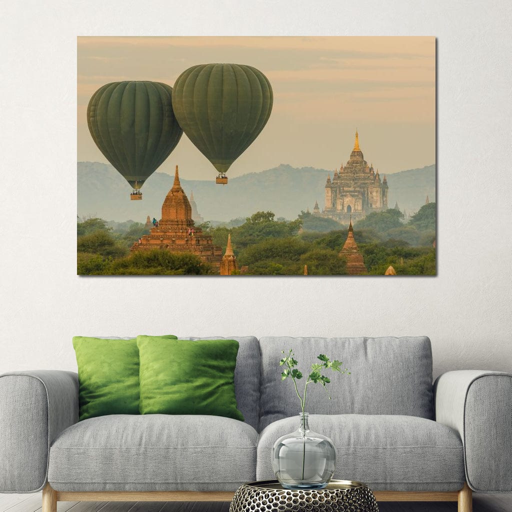 Tablou Canvas Premium, LuxCanva® O1040, Aventura in Myanmar, Zbor, Balon, Aur, Templu, Cer, Pamant, Magie, Asia, Calatorie, Rasarit, Libertate, Budism, Pagode, Liniste, Birou, Living, Dormitor