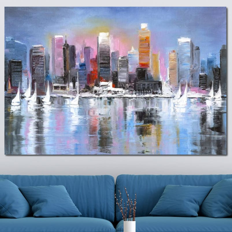 Tablou Canvas Premium, LuxCanva® O1024, Zborul Corabiilor, Pastelat, Senin, Liric, Fluid, Apus, Apa, Vele, Albastru, Roz, Inflacarat, Oglindire, Pictura, Tacere, Urban, Sticlos, Birou, Living, Dormitor