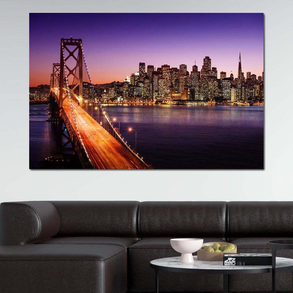 Tablou Canvas Premium, LuxCanva® O1002, San Francisco Skyline, Pod, Noapte, Oras, Lumini, Coasta, Vest, California, Vis, Urban, Apus, Violet, Iconic, Vacanta, Calatorie, Birou, Living, Dormitor