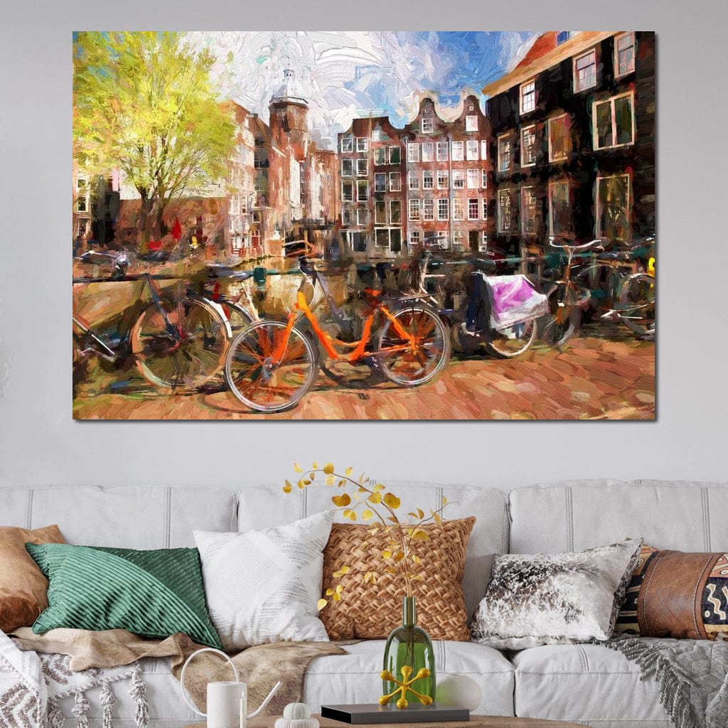 Tablou Canvas Premium, LuxCanva® O1012, Boemul Amsterdam, Bicicleta, Simfonie, Culori, Olandez, Canal, Mal, Roti, Farmec, Olanda, Traditie, Turist, Citadin, City, Break, Birou, Living, Dormitor