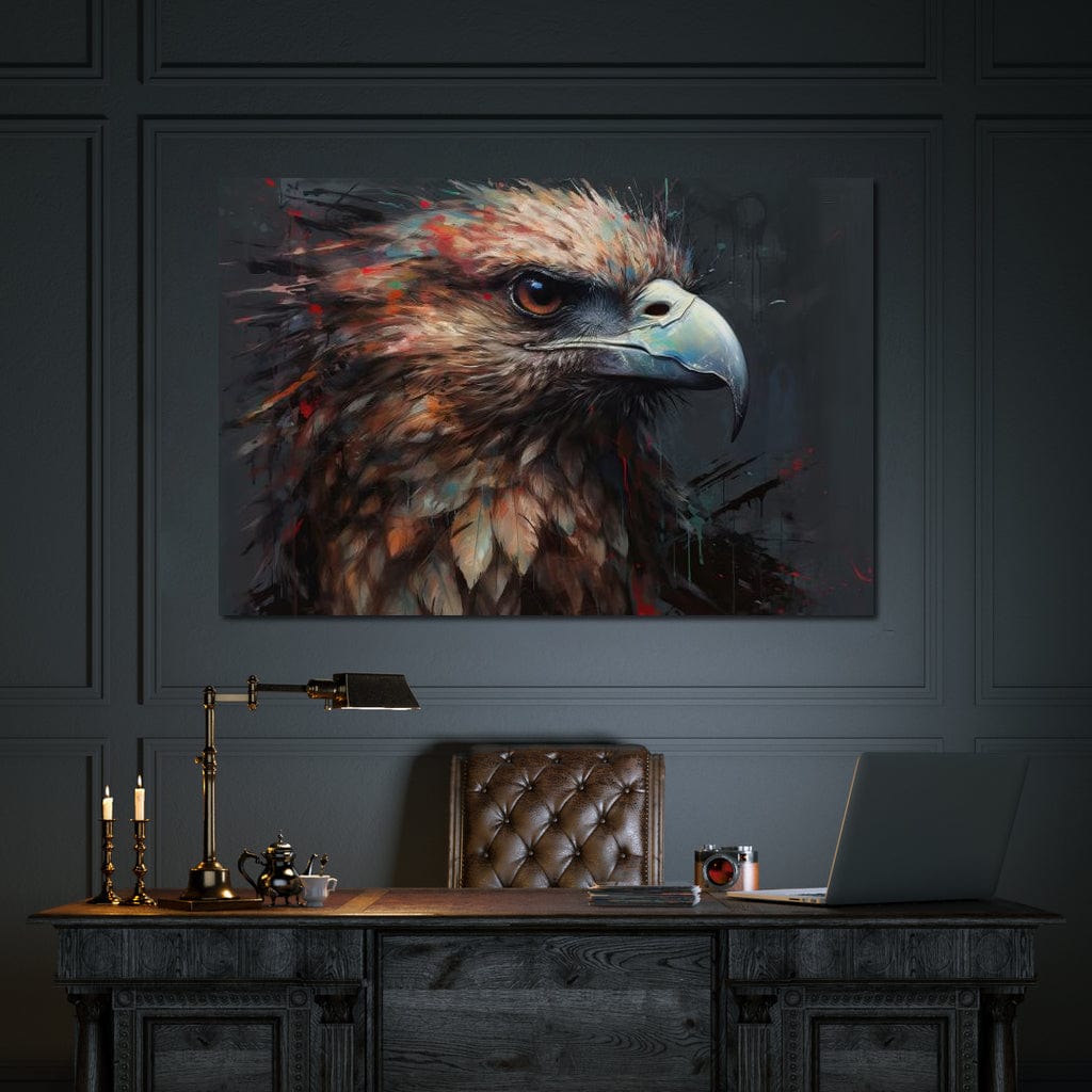 tablou canvas cu un vultur impunator pe fundal negru in stil artistic modern 