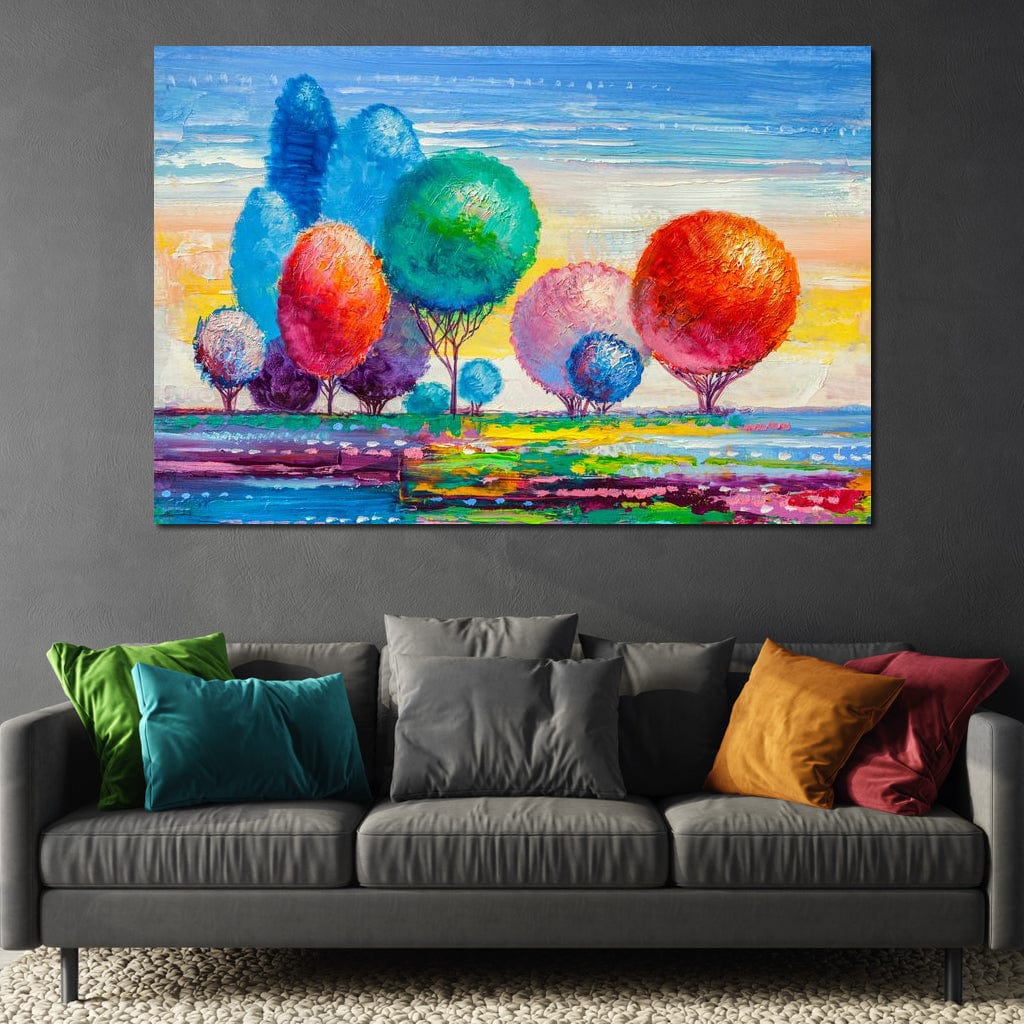 Tablou Canvas Premium, LuxCanva® K1018, Peisaj de Basm, Curcubeu, Padure, Copaci, Rotunzi, Balon, Natura, Explozie, Culoare, Taram, Simfonie, Imaginar, Ludic, Camera Copii