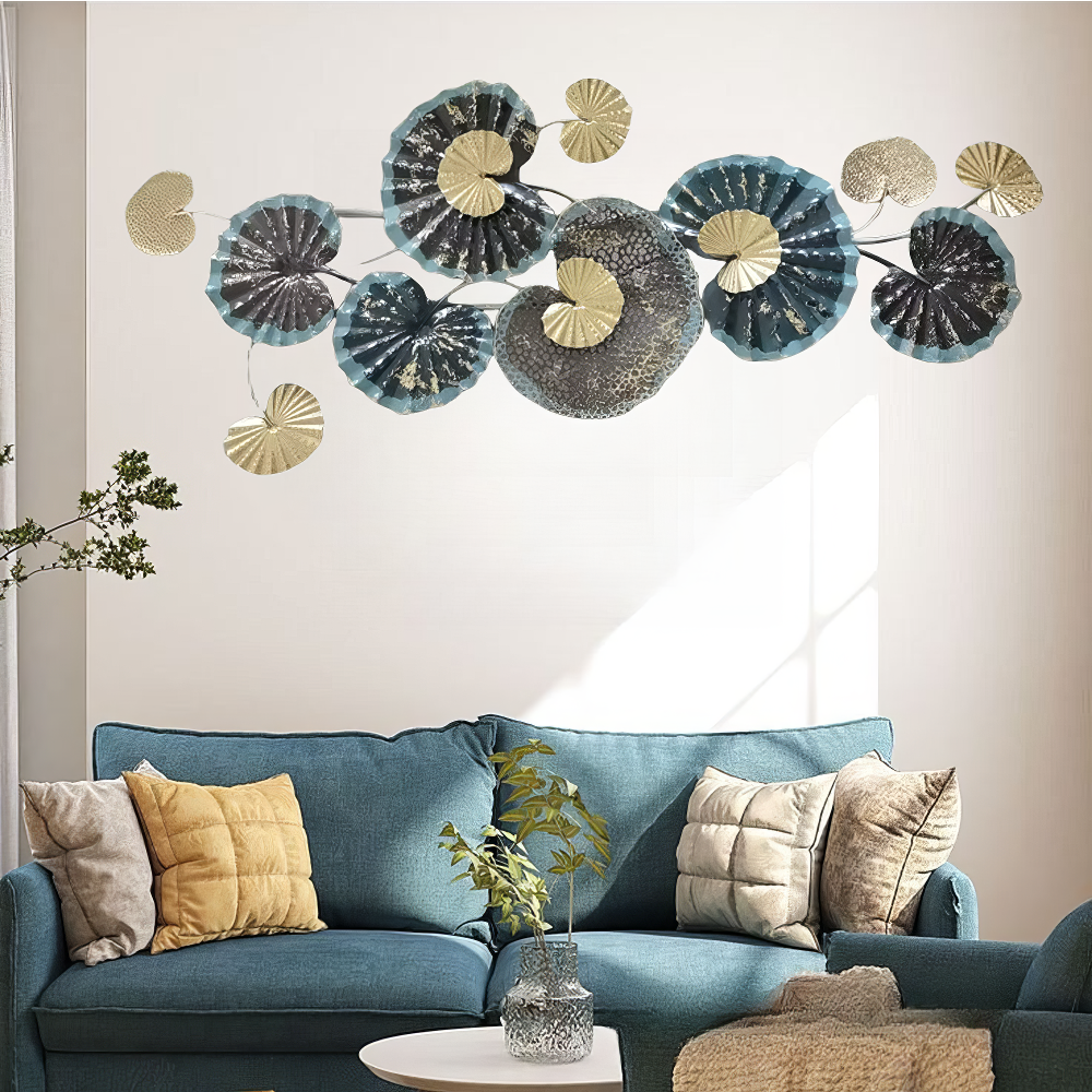 Decoratiune Metalica de Perete LuxCanva® Ocean Flowers A2412, din Metal, Albastru, Orizontala, Auriu, Argintiu, Dimensiune Mare 140 x 60 cm