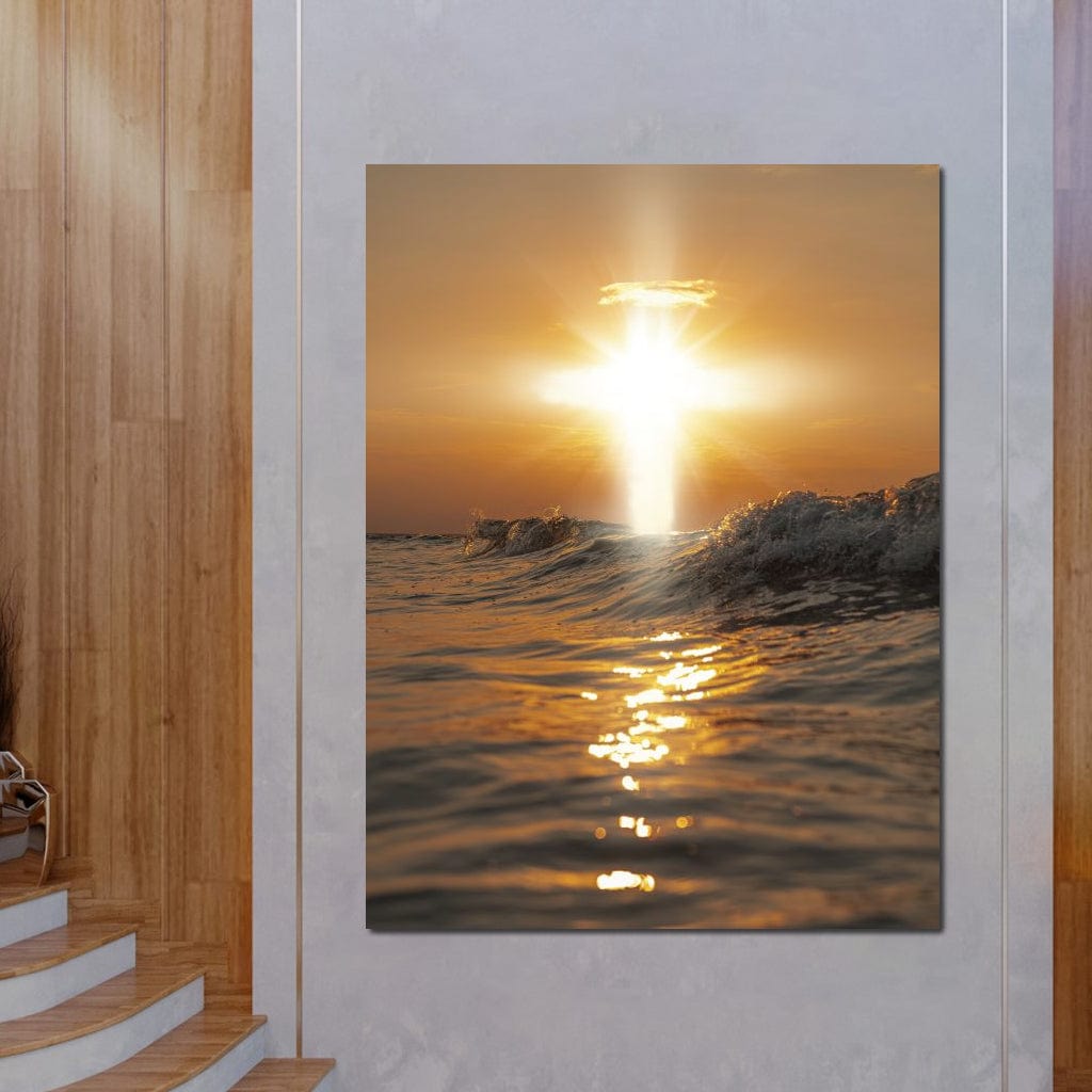 Tablou Canvas Premium LuxCanva® H1019 Lumina Sfanta pe Ape , Apus, Cruce, Spritual, Valuri, Pace, Suflet, Ocean, Credinta, Speranta, Living, Dormitor