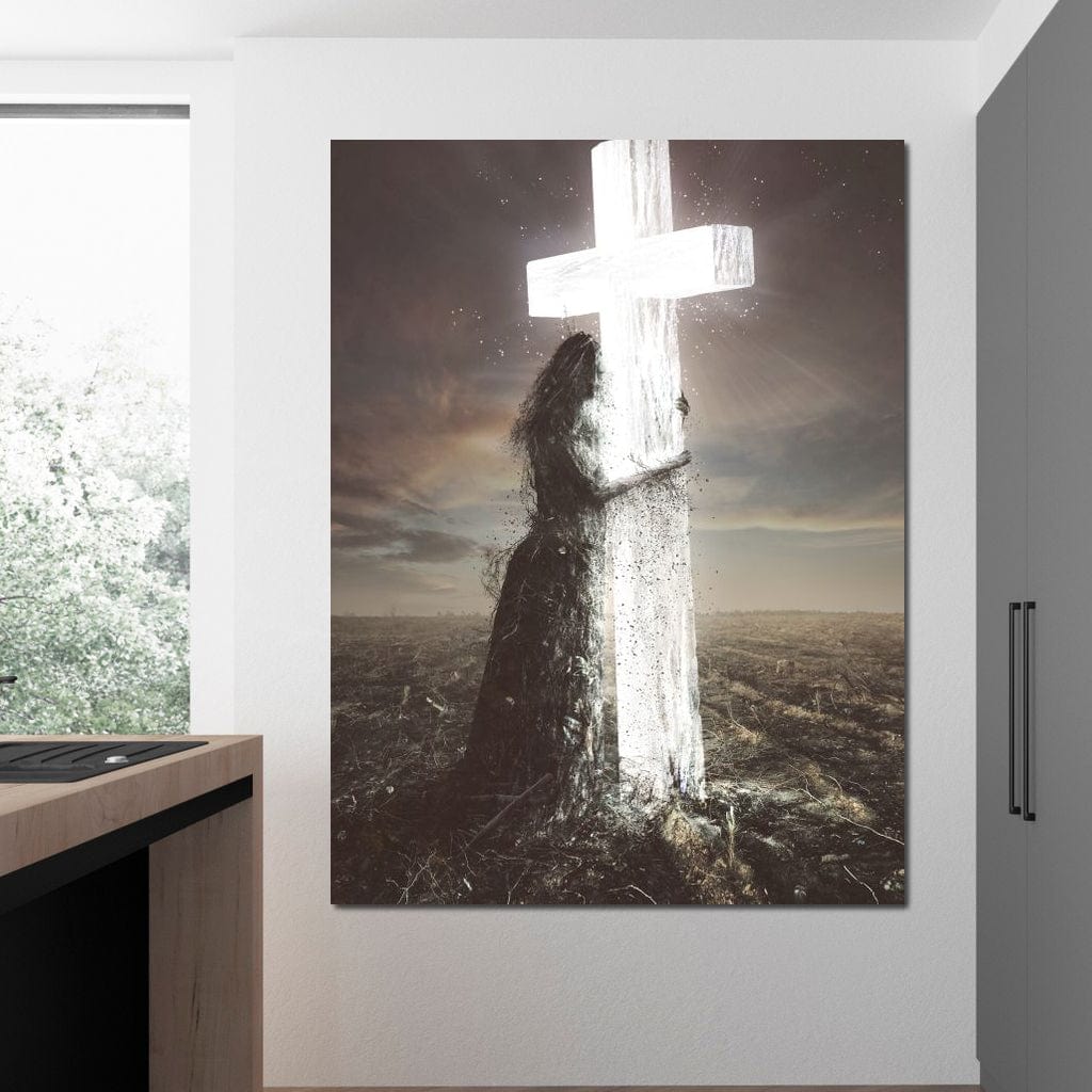 Tablou Canvas Premium LuxCanva® H1013, Imbratisarea Divinitatii , Cruce, Lumina, Mangaiere, Imbratisare, Salvare, Iubire, Putere, Living, Dormitor