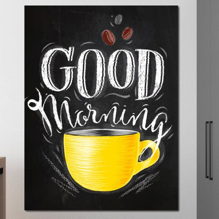 tablou canvas cu o ceasca de cafea galbena, un mesaj text alb pe fundal negru