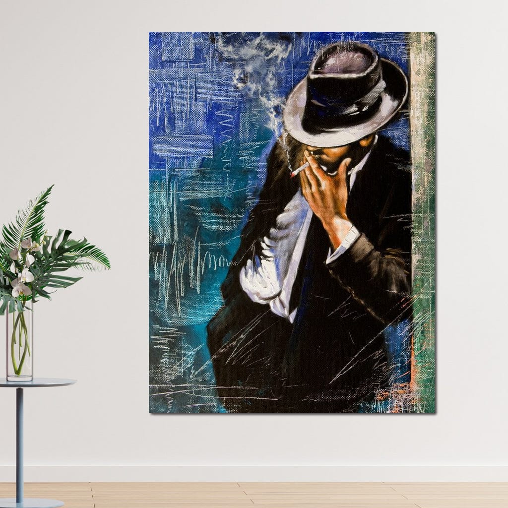 Tablou Canvas Premium LuxCanva® E1049, Barbatul din Umbra, Elegant, Masculinitate, Enigma, Tigara, Intriga, Living Room, Culori vibrante