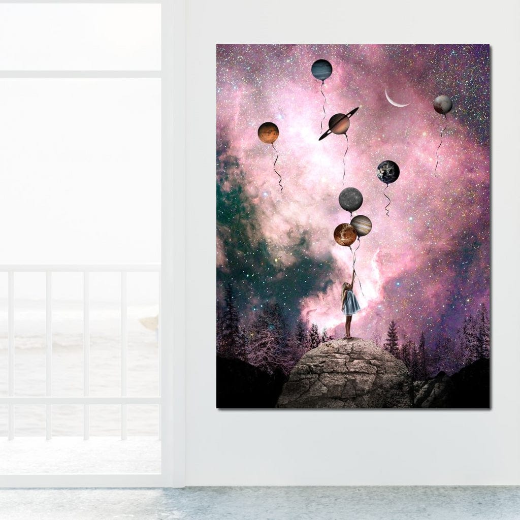 Tablou Canvas Premium, LuxCanva® K1017, Fetita si Planetele,  Univers, Maini, Intinse, Planete, Cosmic, Stele, Ganduri, Dorinte, Emotie, Curaj, Sistem, Solar, Galaxii, Pastel, Camera Copii