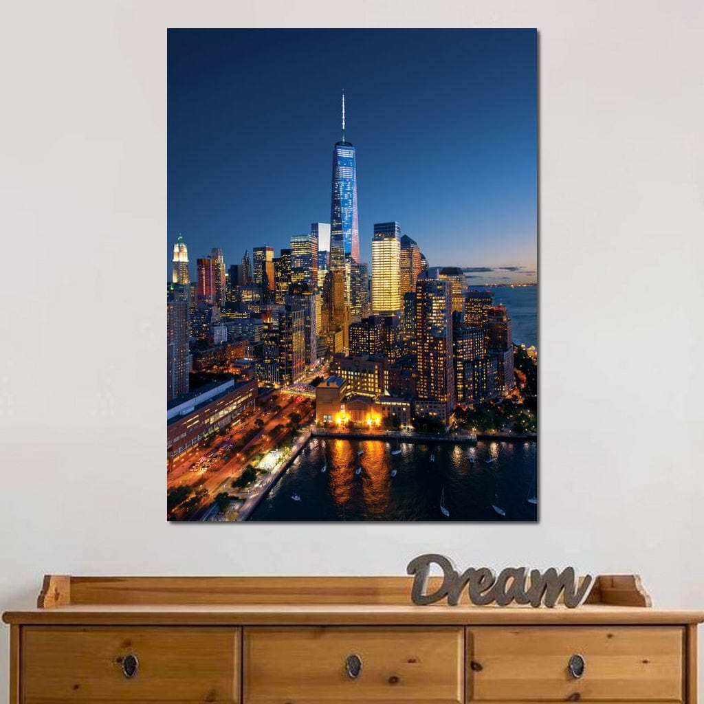 Tablou Canvas Premium, LuxCanva® O1058, Fantasticul Manhattan, Metropola, Lumini, Noapte, Sticla, Modernism, Vibratie, Skyline, Orizont, Apus, Stele, Cer, Infinit, Otel, Apa, Birou, Living, Dormitor