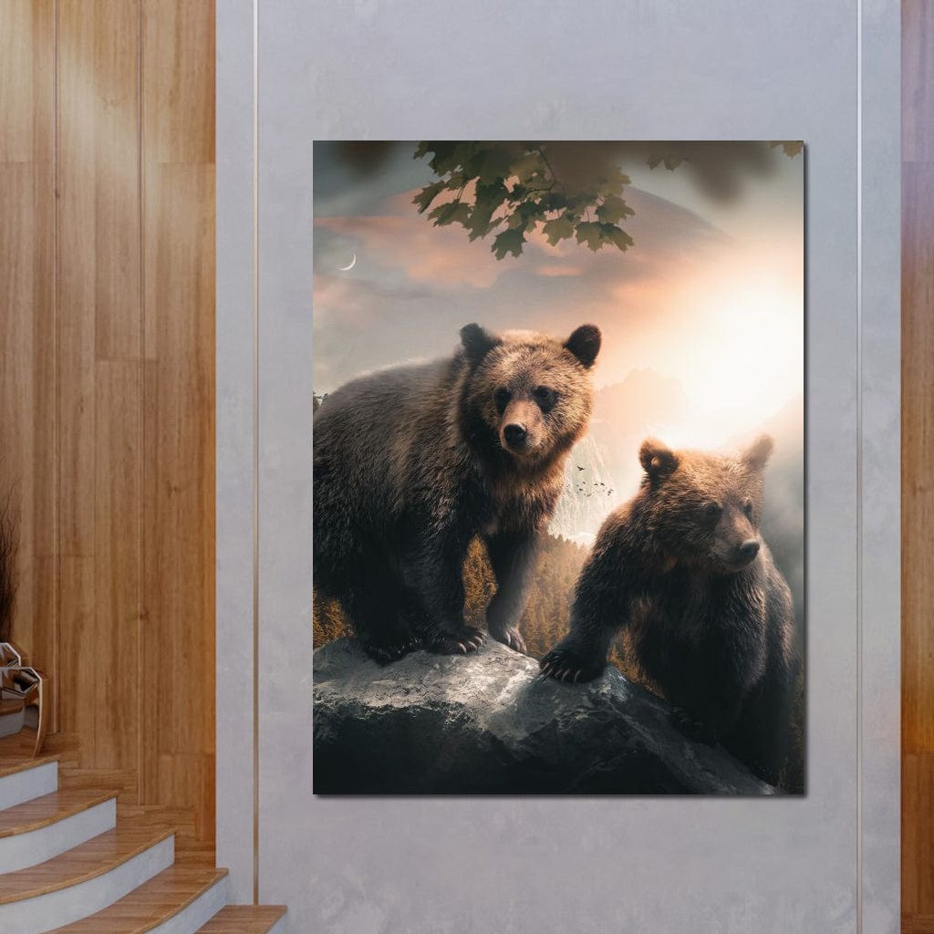 tablou canvas cu doi ursi pe o stanca, sub crengi de copac la apus