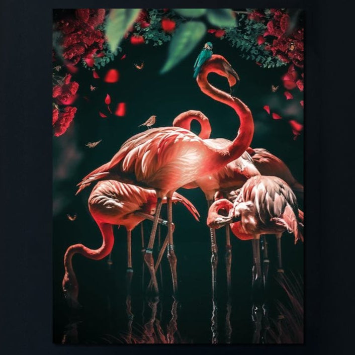 tablou canvas cu flamingo roz intr-o padure exotica, alaturi de fluturi si pasari