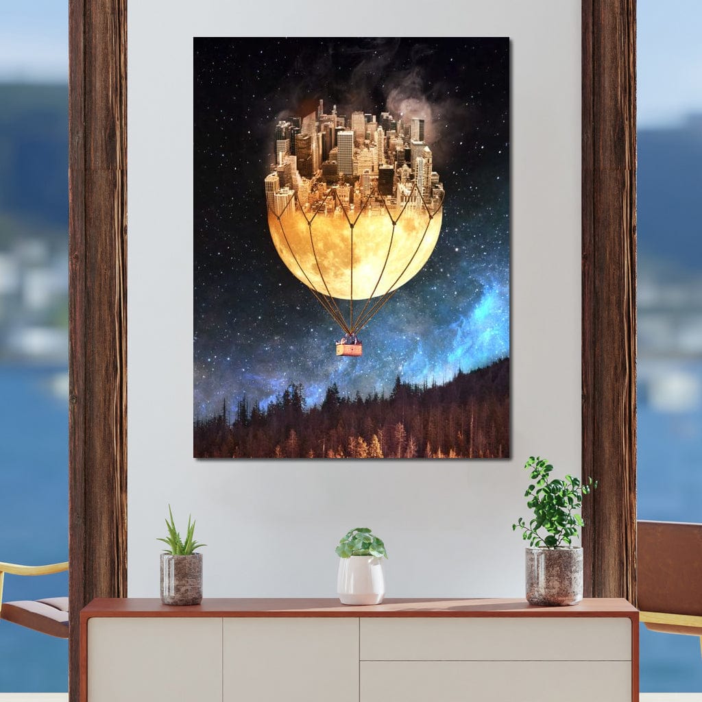 Tablou Canvas Premium, LuxCanva® O1016, Orasul care Zboara, Luna, Balon, Cosmic, Visare, Fantastic, Stele, Cer, Plutire, Suspendat, Univers, Oniric, Imaginar, Calatorie, Case, Birou, Living, Dormitor