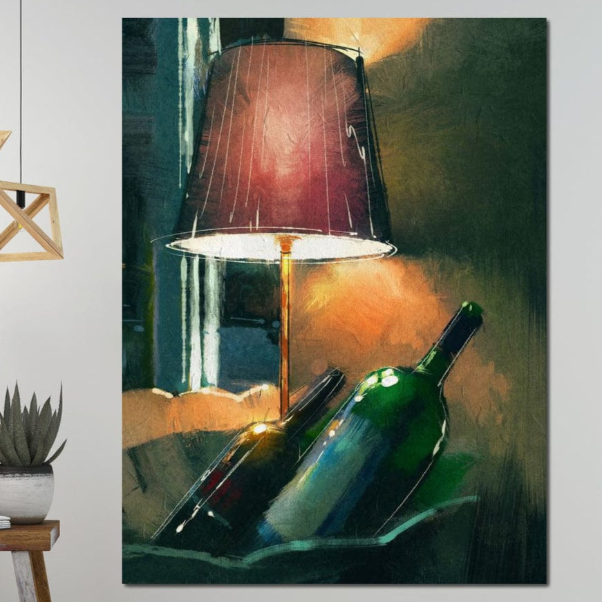 tablou canvas cu doua sticle de vin intr-o camera intunecata, la lumina calda a unei lampi