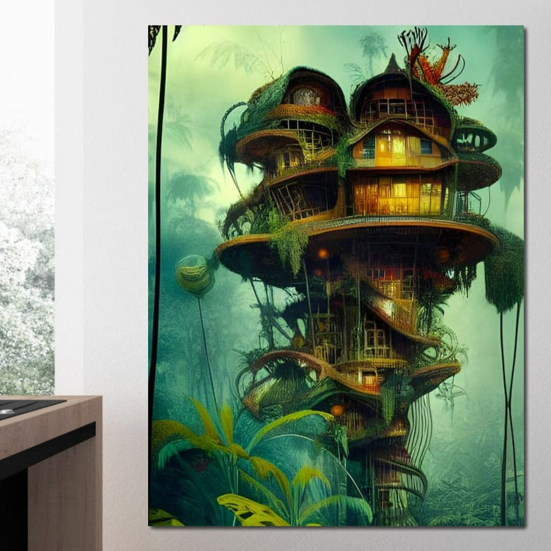 Tablou Canvas Premium, LuxCanva® K1015, Casuta din Copacul Vrajit, Turn, Padure, Fermecata, Aventura, Refugiu, Secrete, Spiridusi, Basm, Fantasma, Natura, Verde, Camera Copii