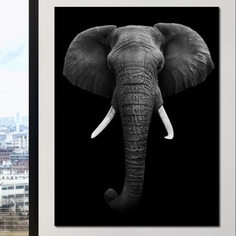Tablou Canvas Premium, LuxCanva® M1310, Axa Puterii, Alb si Negru, Portret, Impunator, Realist, Elefant, Colti, Trompa, Animal, Simplitate, Vertical, Birou, Living, Camera Copil