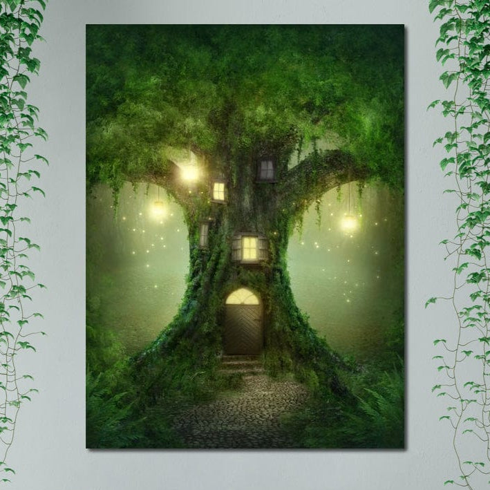 Tablou Canvas Premium, LuxCanva® K1000, Copacul Viselor,  Casuta, Fermecata, Taram, Zane, Verde, Padure, Magie, Vise, Povesti, Fantezie, Spiridusi, Mistic, Camera Copii