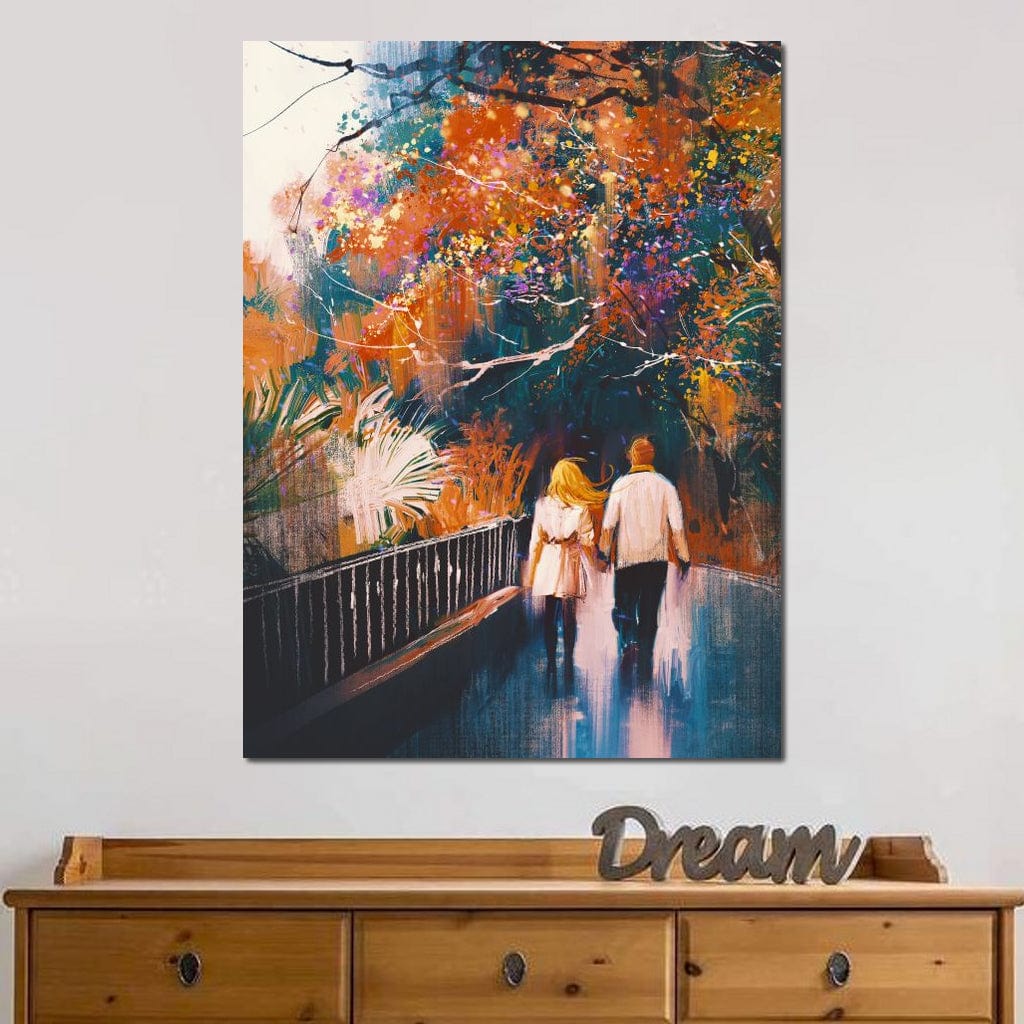 Tablou Canvas Premium LuxCanva® E1034, Tindandu-se de Mana in Parc, Toamna, Ruginiu, Natura, Parc, Cuplu, Living Room, Culori vibrante