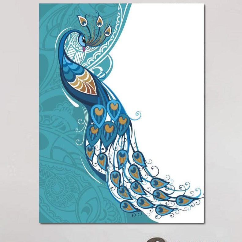 tablou canvas cu un paun albastru realizat in design abstract, pe fundal deschis in nuante de turcoaz si alb