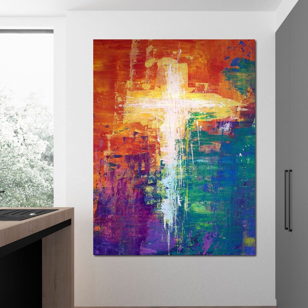 Tablou Canvas Premium LuxCanva® H1014, Lumina Divina in Culori , Lumina, Culori, Credinta, Cruce, Divinitate, Emotie, Simbol, Inspiratie, Living